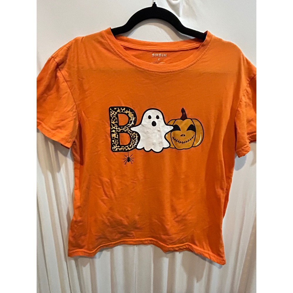 SHEIN Halloween Shirt Orange Boo Ghost Pumpkin Graphic Tee Top